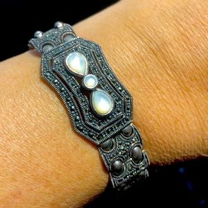 Marcasite Mother Of Pearl Sterling Vintage Bracelet